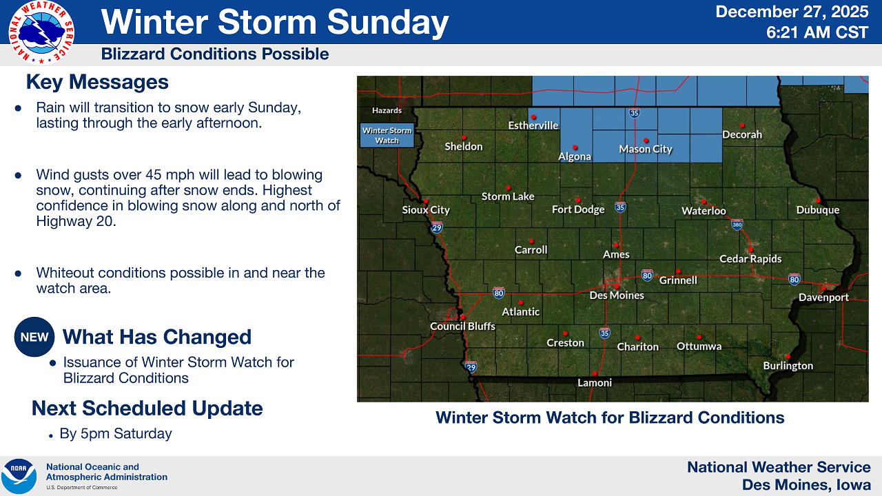Winter Storm Watch Issued for Northern Iowa as Blizzard Conditions Possible Sunday