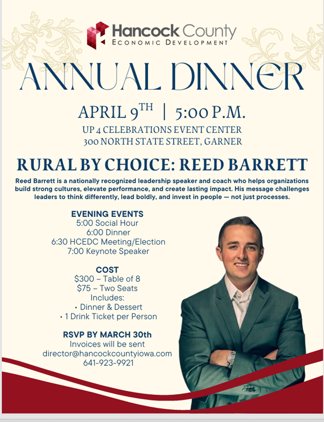 Garner to Host Hancock County Economic Development Annual Dinner April 9