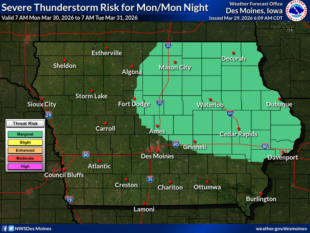 Strong Storms Possible Monday Night, Tuesday Across Northern Iowa